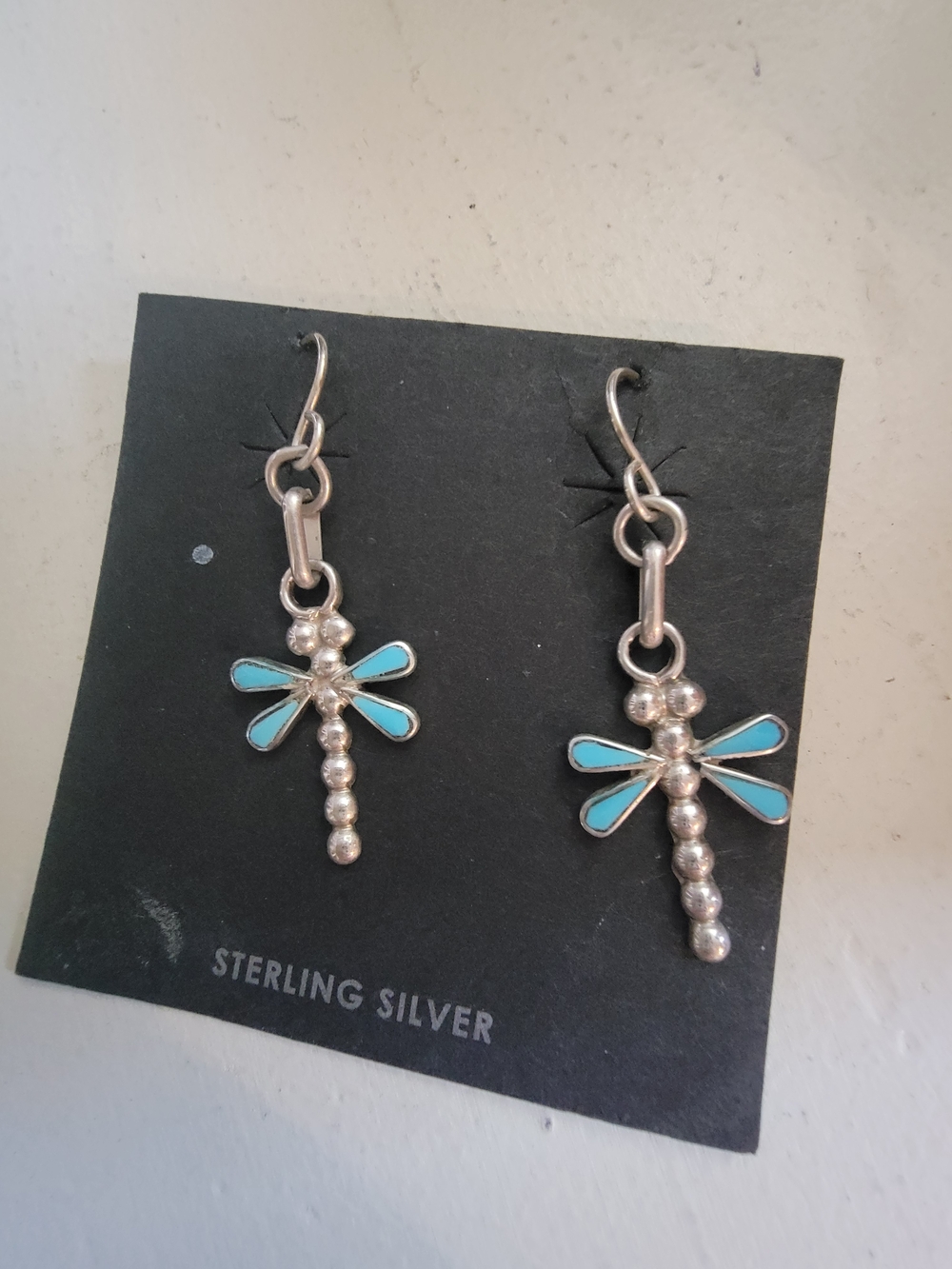 Native American Sterling Silver Turquoise Dragonfly Drop Earrings